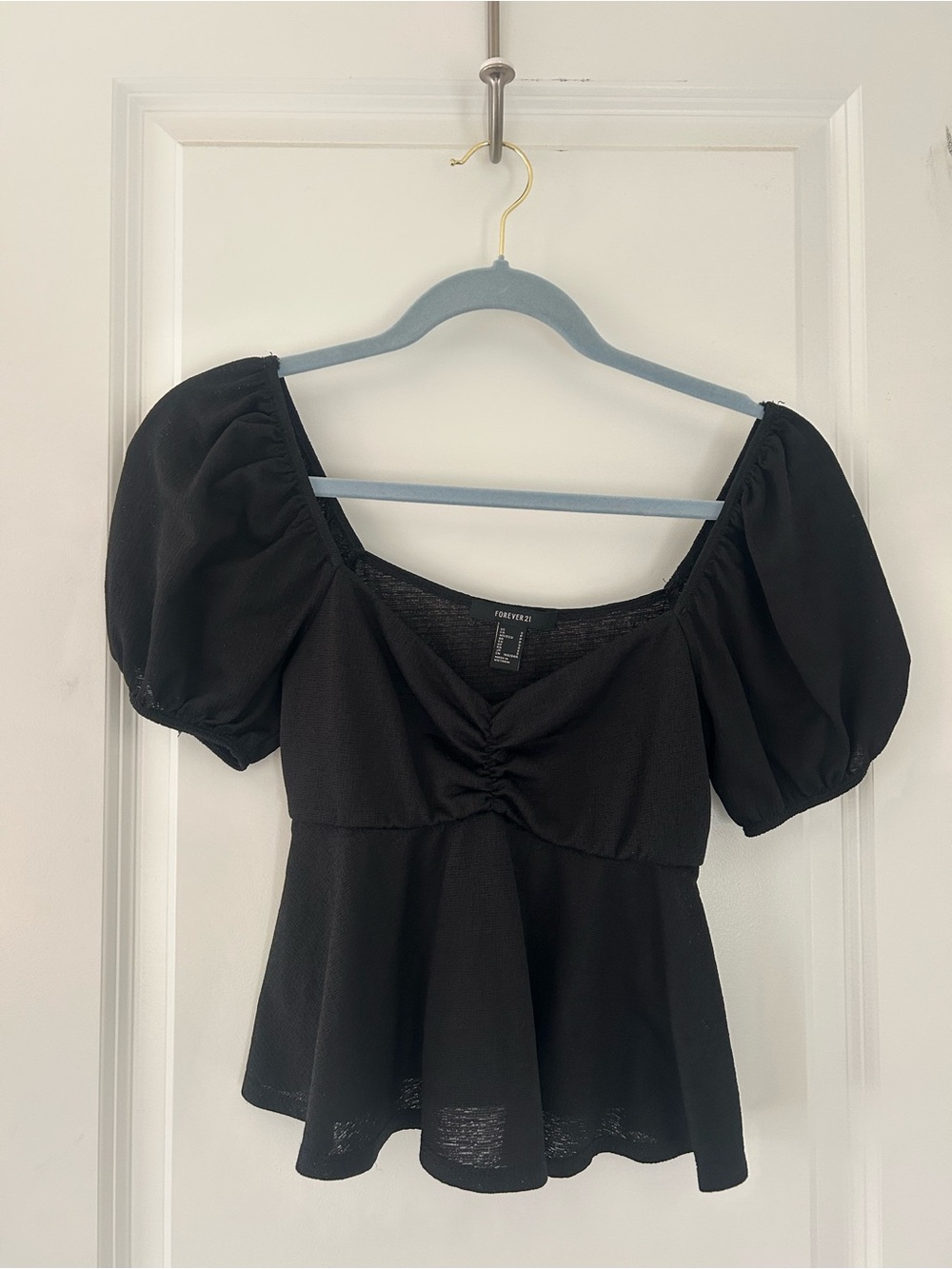 Forever 21 Black Puff Sleeve Peplum Blouse